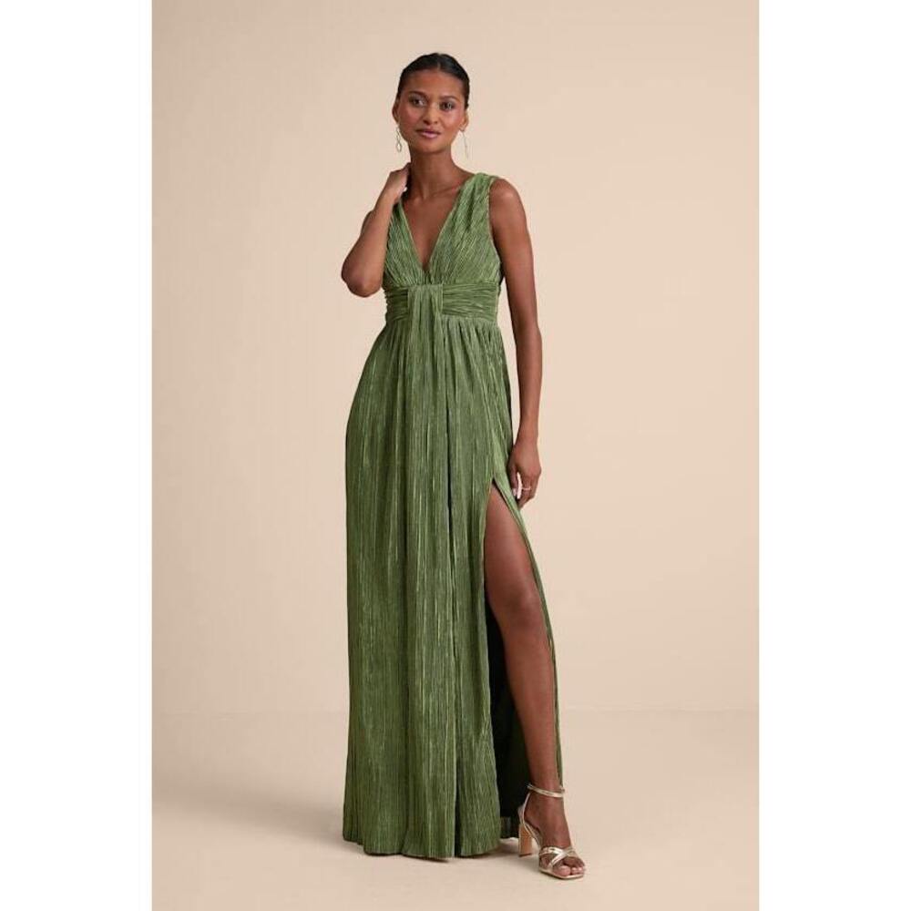 Lulu's Olive Green Plisse Maxi Dress with Thigh Slit